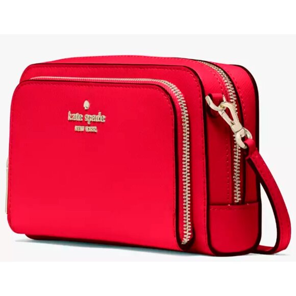 S Kate Spade Stacie Dual Zip Crossbody Bag Ruby Red Leather Purse KG036 NWT $259 - Picture 1 of 10